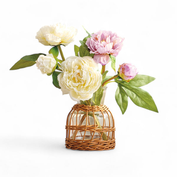 Peony Arrangement in Rattan Jar