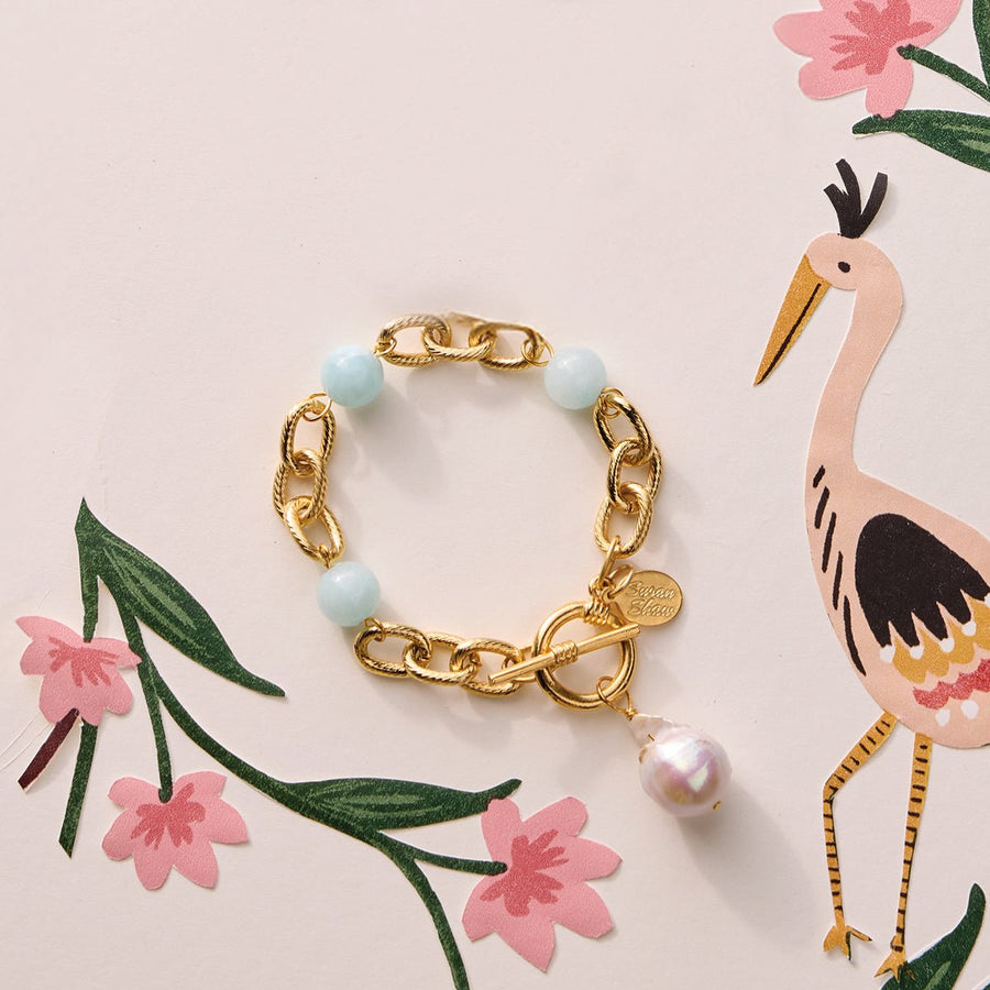 Jasper & Baroque Pearl Toggle Bracelet  with Pink Flowers - Monticello Shop