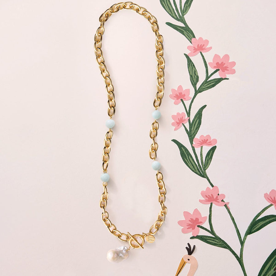 Jasper & Baroque Pearl Toggle Necklace with Pink Flowers - Monticello Shop