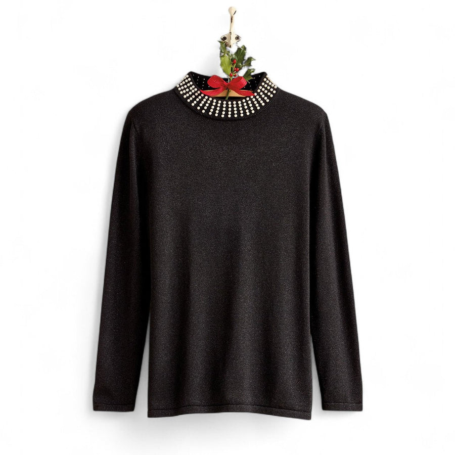 Mock Neck Sweater with Pearls - Monticello Shop