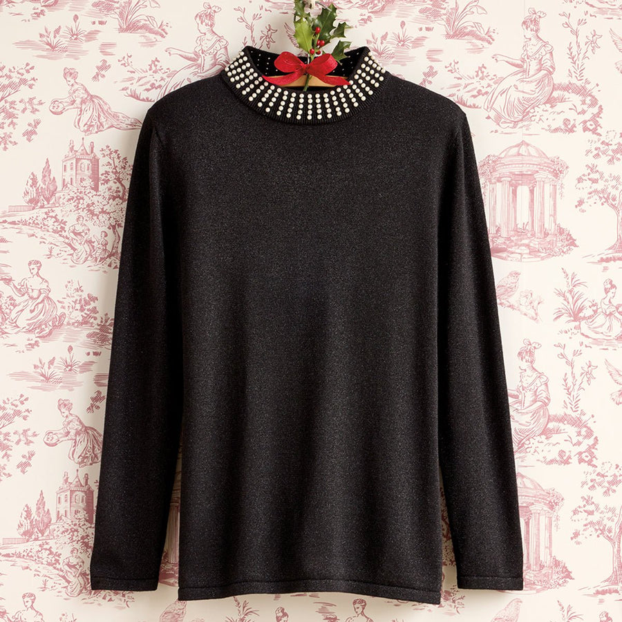 Mock Neck Sweater with Pearls - Monticello Shop