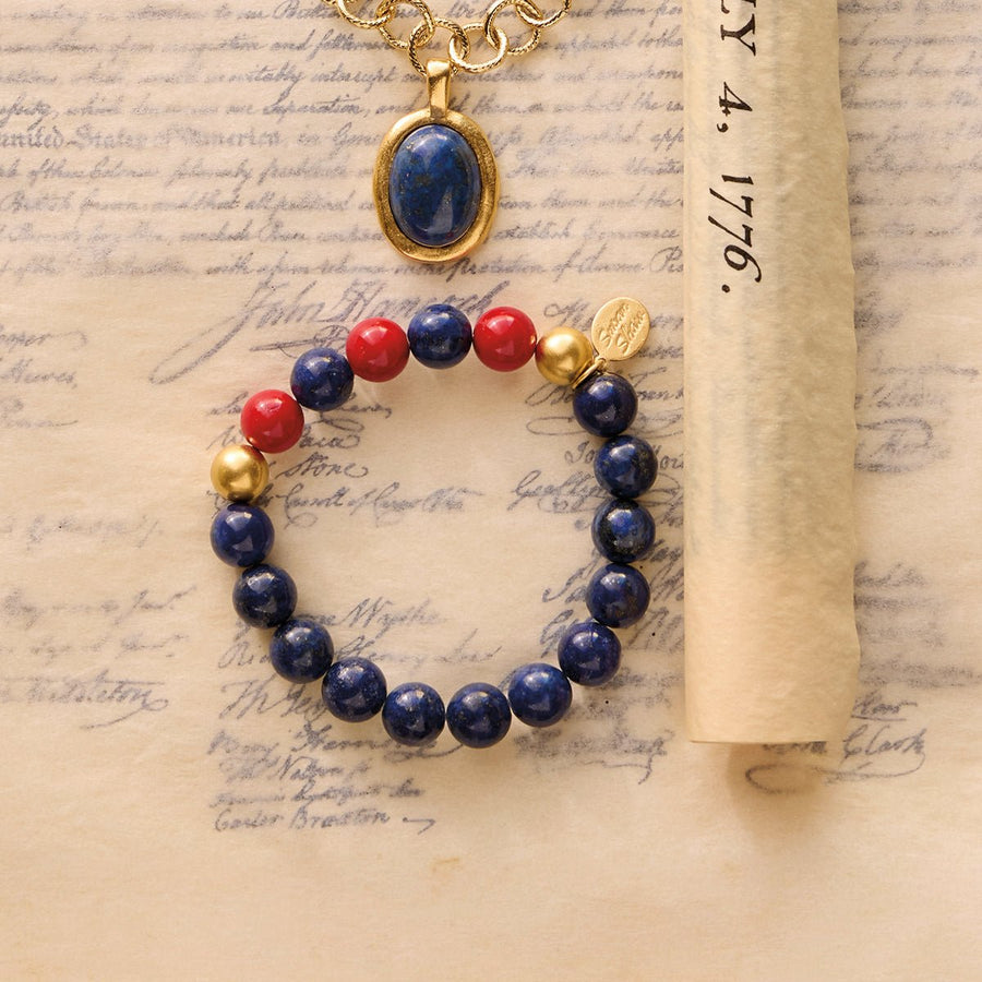 Monticello Lapis & Red Coral Stretch Bracelet with Declaration of Independence Scroll - Monticello Shop