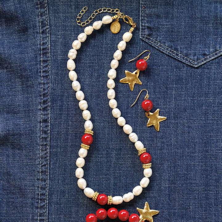 Monticello Pearl & Red Coral Necklace on Denim - Monticello Shop