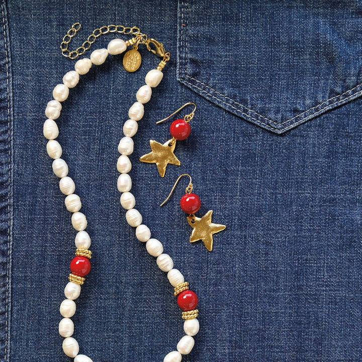 Monticello Red Coral Star Earrings on Denim - Monticello Shop