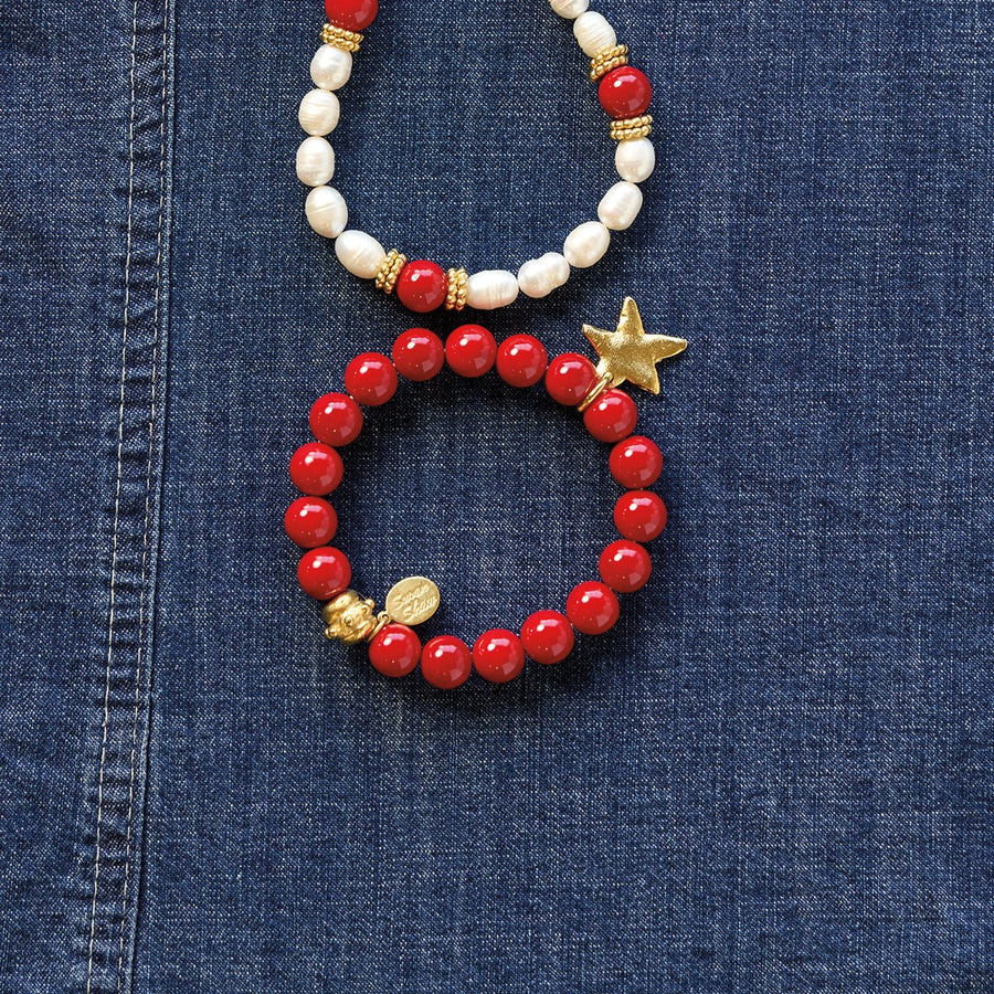 Monticello Red Coral Star Stretch Bracelet on Denim - Monticello Shop