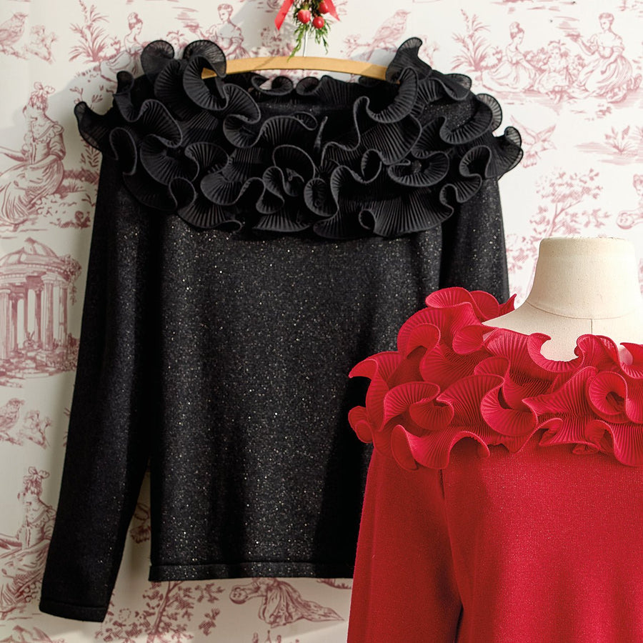 Ruffled Top Black Sweater - Monticello Shop
