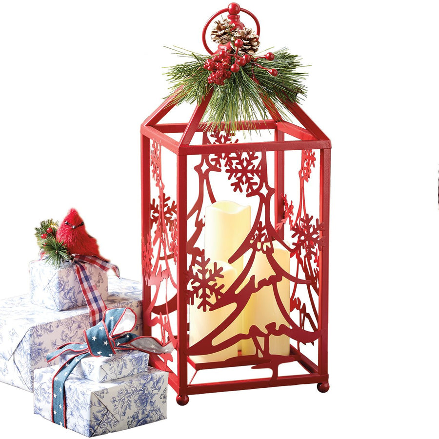 Tree & Snowflake Red Lantern - Monticello Shop