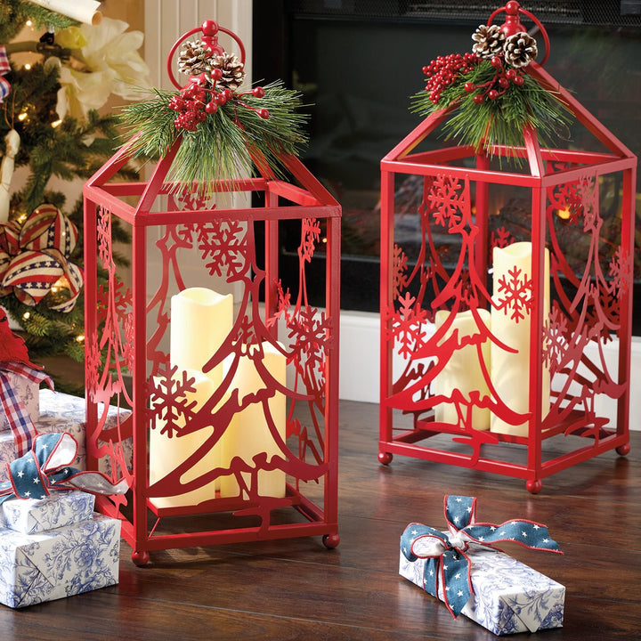 Tree & Snowflake Red Lantern - Monticello Shop