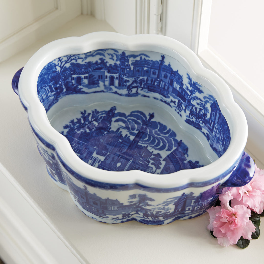 Scenic Oval Blue and White Porcelain Planter