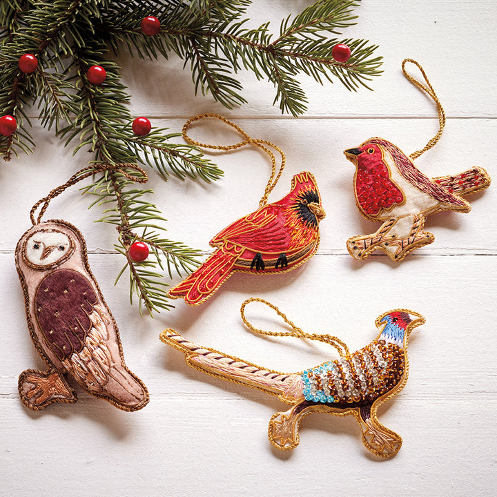 Embroidered Bird Christmas Ornaments